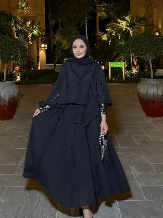 Lace Trim V-Neck Oversized Top & Flared Maxi Skirt Co-ord Set - Black