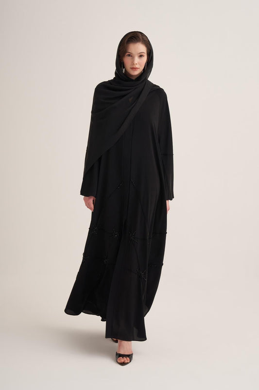 Classic Stone Embellished Black Abaya with Matching Scarf