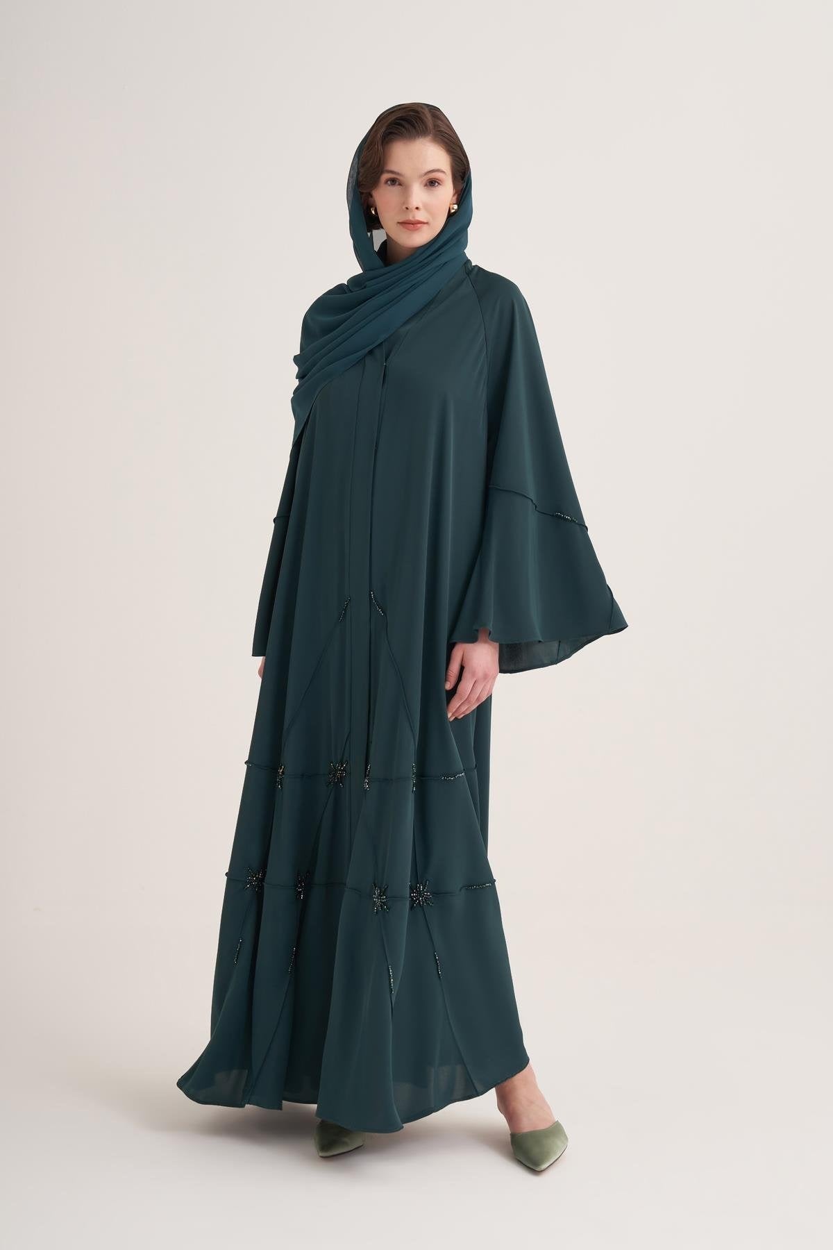 Classic Stone Embellished Green Abaya with Matching Scarf