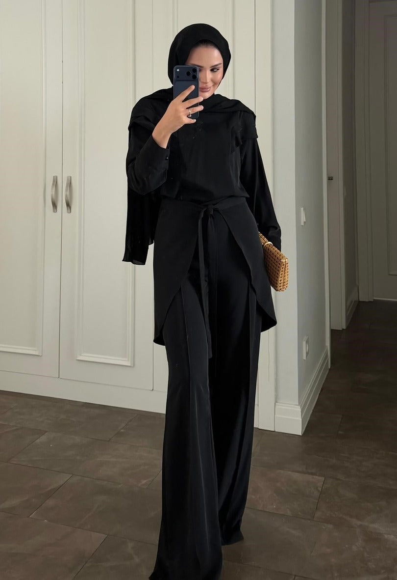Black Ruffle-Shoulder Blouse & Wide-Leg Trouser Co-ord Set