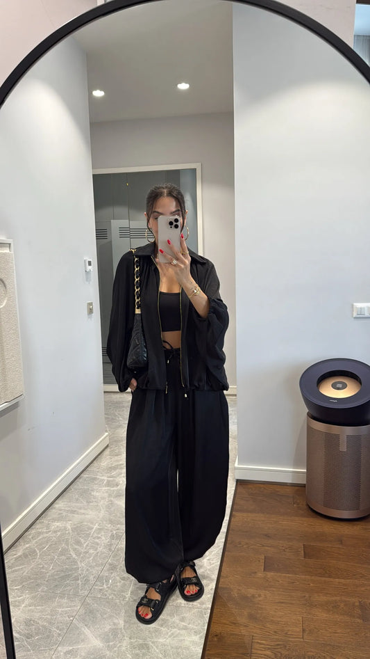 Black Satin Bomber Jacket and Harem Pants Set
