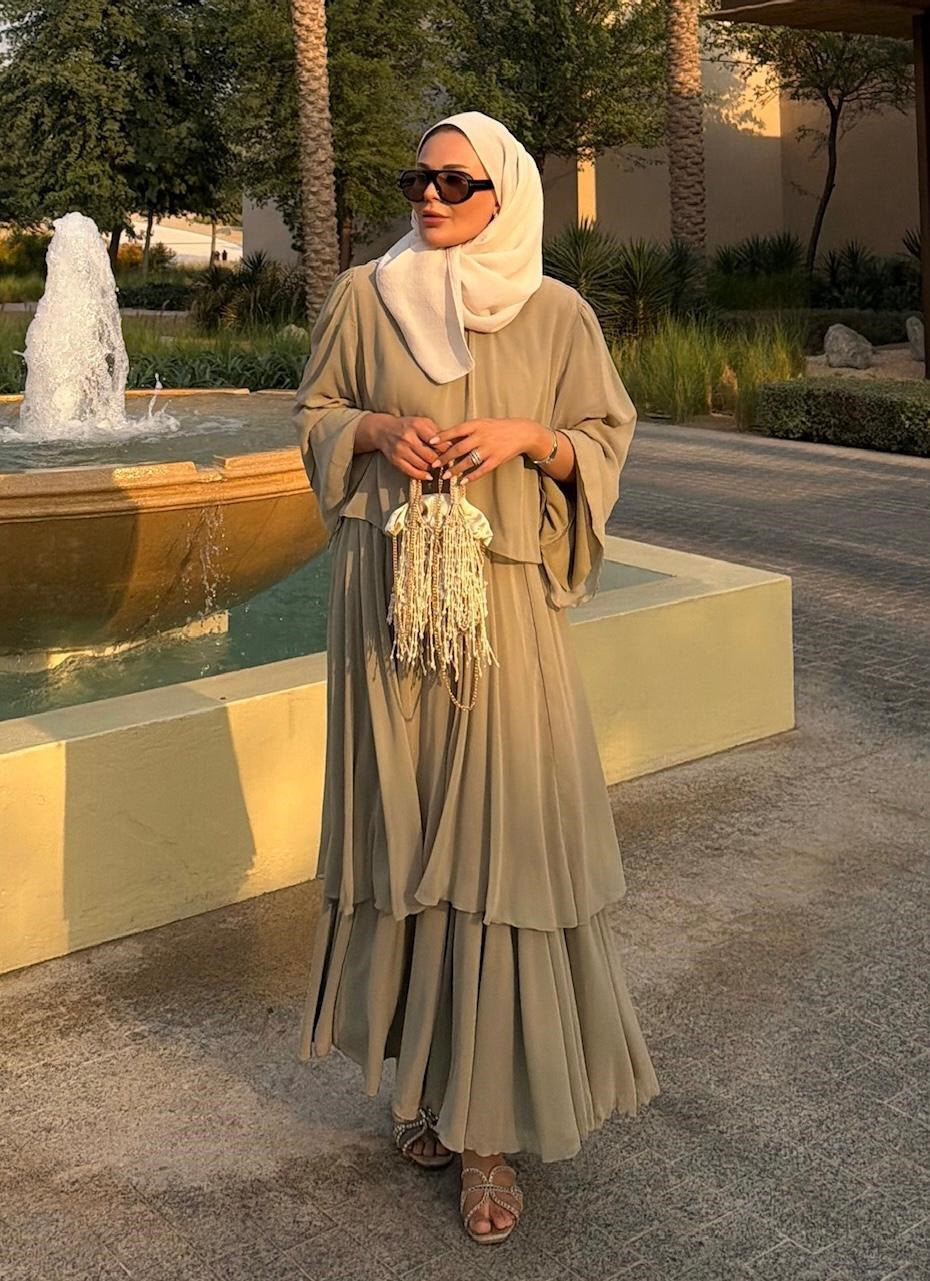 Layered Cape Chiffon Co-ord Set with Tiered Ruffle Skirt - Light Green