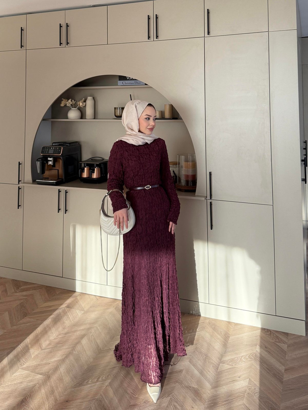 Burgundy Lace Dress with Removable Belt