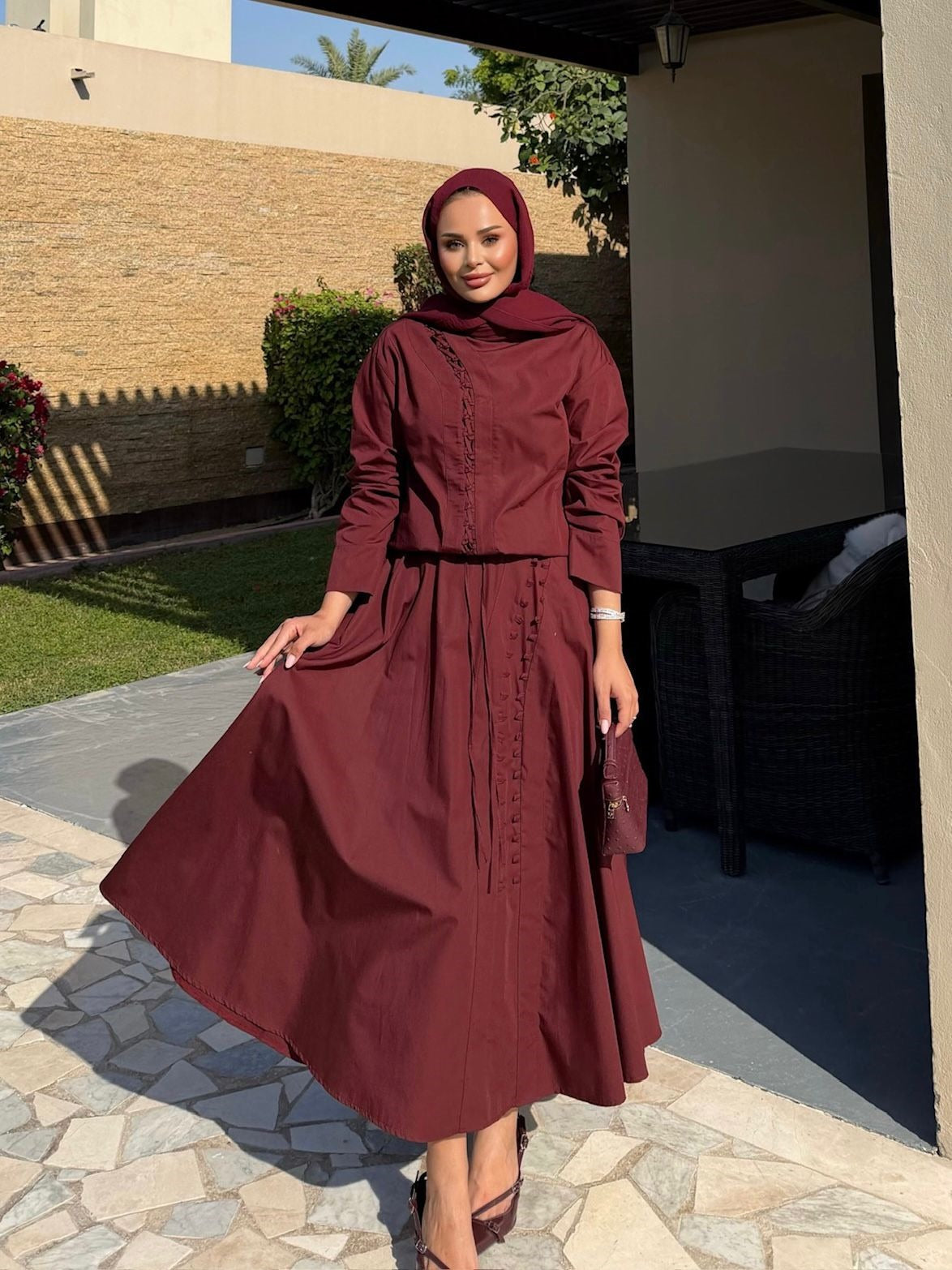 Ruffle Trim Button-Down Co-ord Set with Flared Maxi Skirt - Burgundy