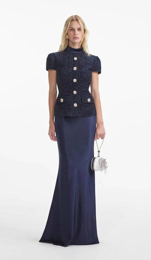 Navy Tweed Blouse with Button Details & Satin Skirt Set