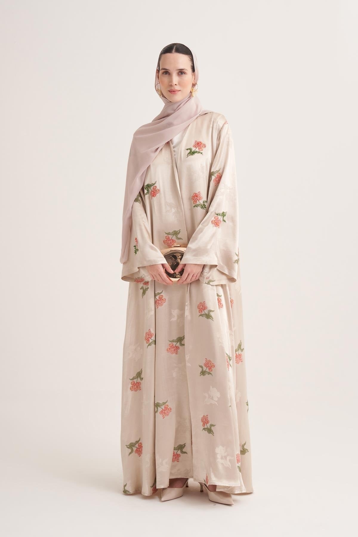 Beige Hand-Embroidered Satin Viscose Floral Open Abaya with Crystal Details & Matching Scarf