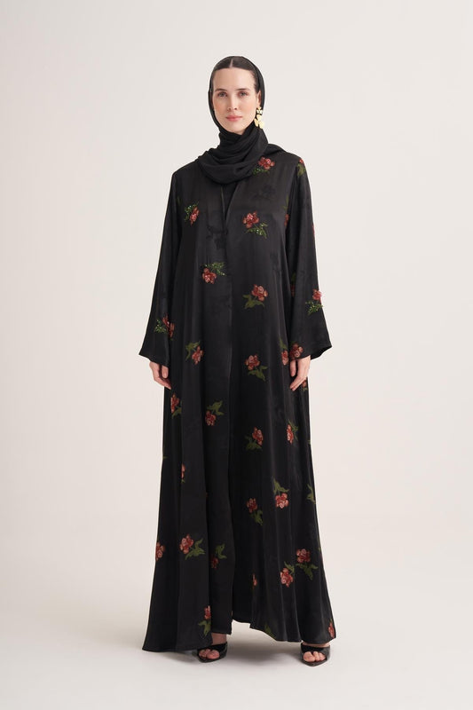 Black Hand-Embroidered Satin Viscose Floral Open Abaya with Crystal Details & Matching Scarf