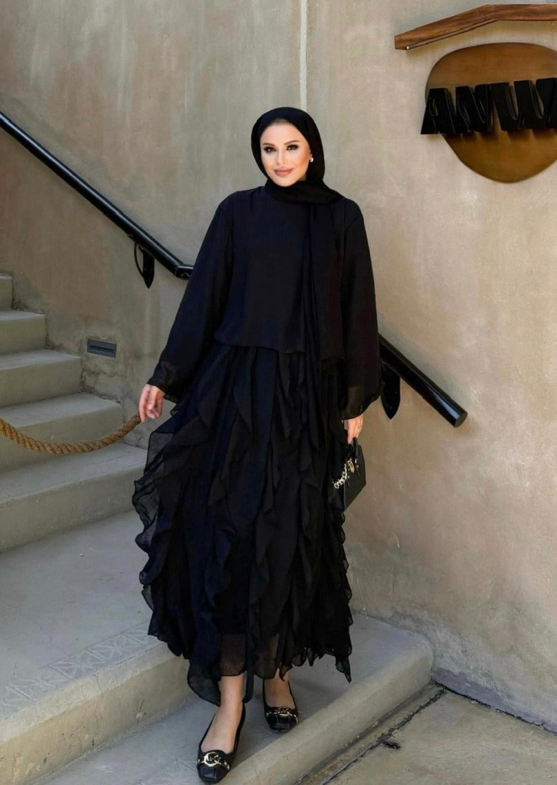 Black Ruffle-Detail Chiffon Blouse and Skirt Set- PRE ORDER