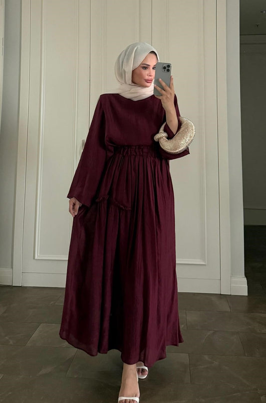 Burgundy Layered Maxi Skirt Set with Elastic Waist