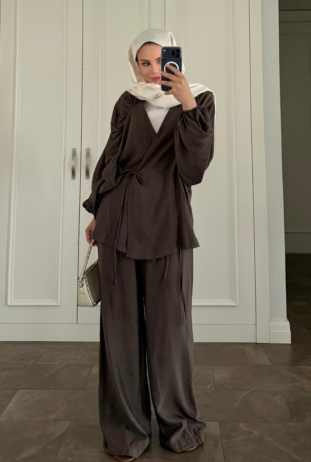 Balloon Sleeve Tencel Co-ord Set with Tie Waist & Wide-Leg Trousers - Brown