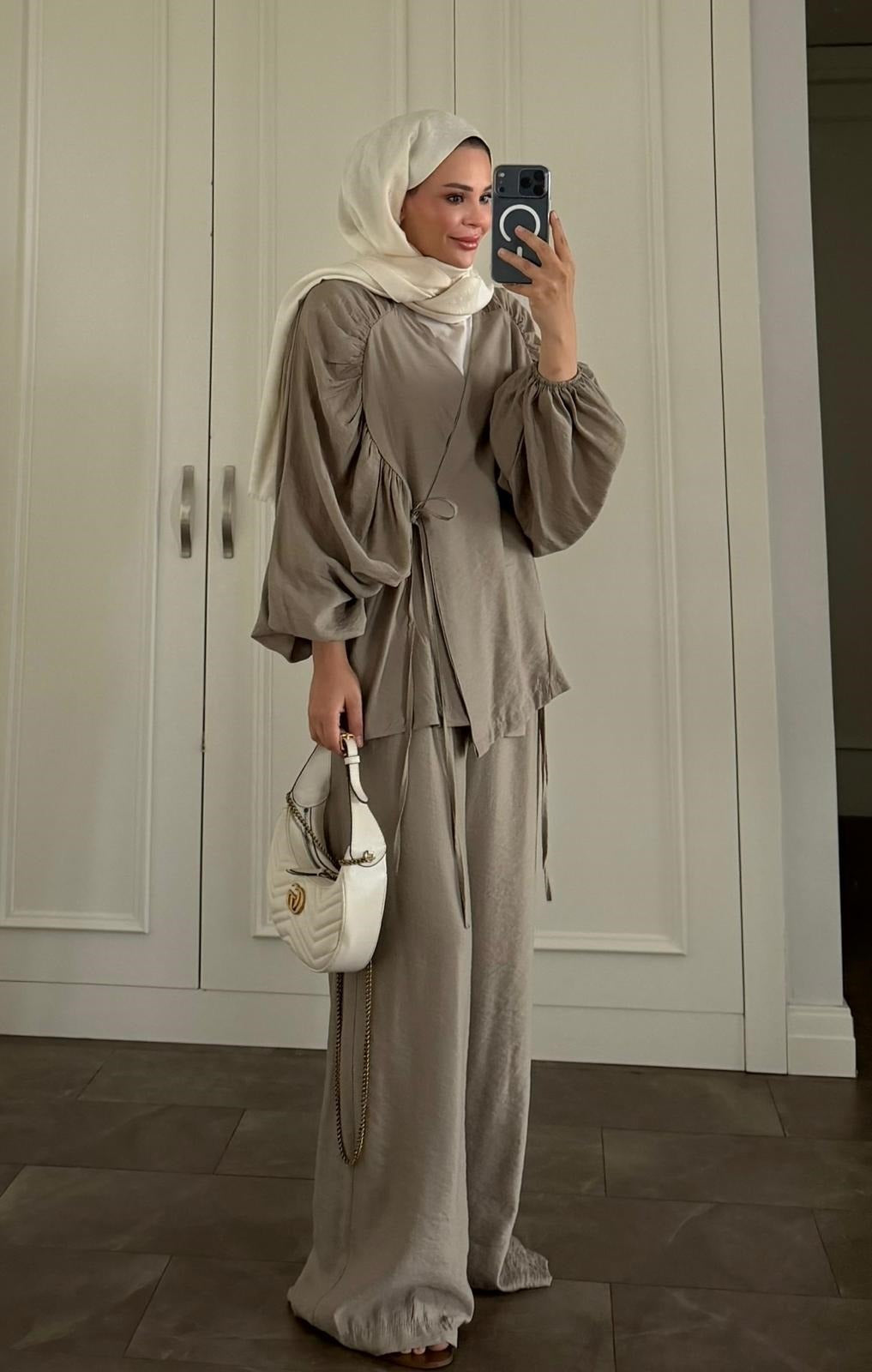 Balloon Sleeve Tencel Co-ord Set with Tie Waist & Wide-Leg Trousers - Khaki