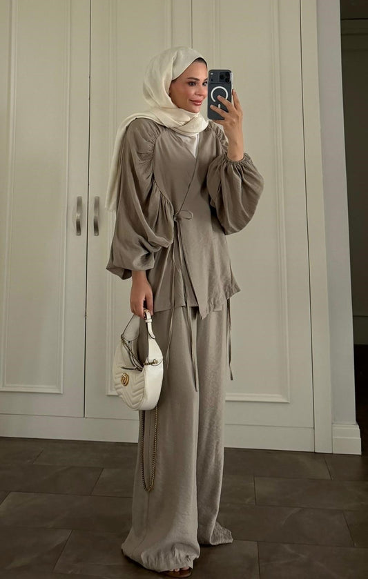 Balloon Sleeve Tencel Co-ord Set with Tie Waist & Wide-Leg Trousers - Khaki