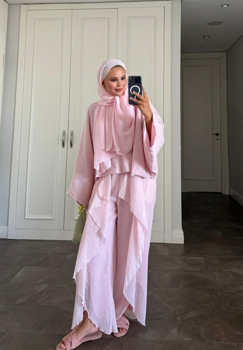 Suzy Pink Tesettür Pantolon Takımı - Astarlı Yarasa Kol İkili Takım