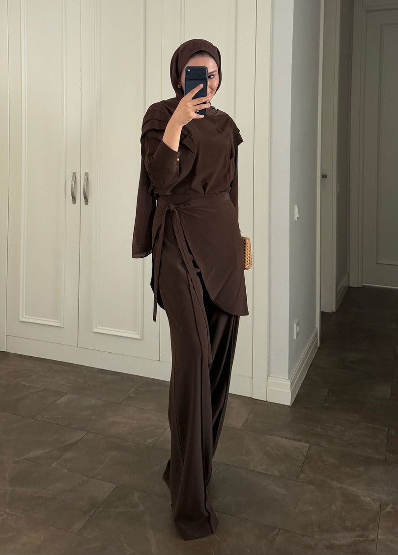 Brown Ruffle-Shoulder Blouse & Wide-Leg Trouser Co-ord Set