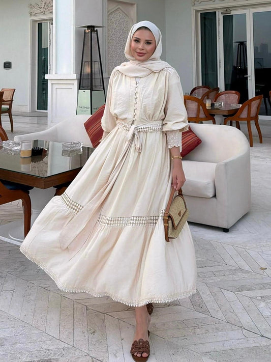 Tiered Boho Lace Trim Co-ord Set with Crochet Waist Belt - Beige