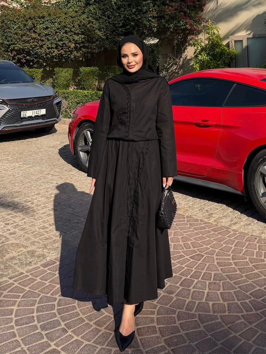 Ruffle Trim Button-Down Co-ord Set with Flared Maxi Skirt - Black