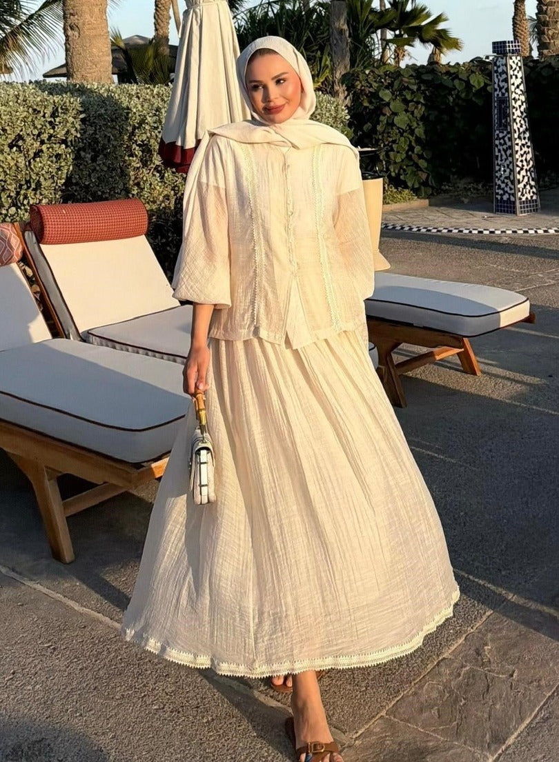 Button-Front Lace-Trim Blouse & Maxi Skirt Co-ord Set - Beige