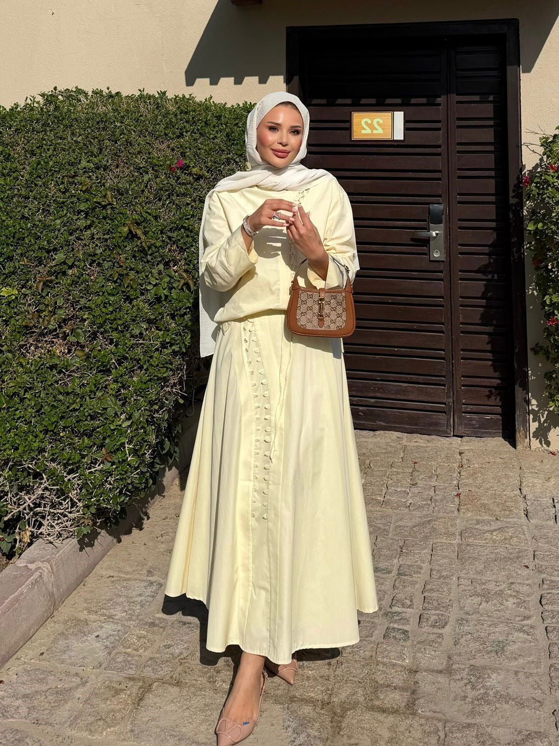 Ruffle Trim Button-Down Co-ord Set with Flared Maxi Skirt - Yellow