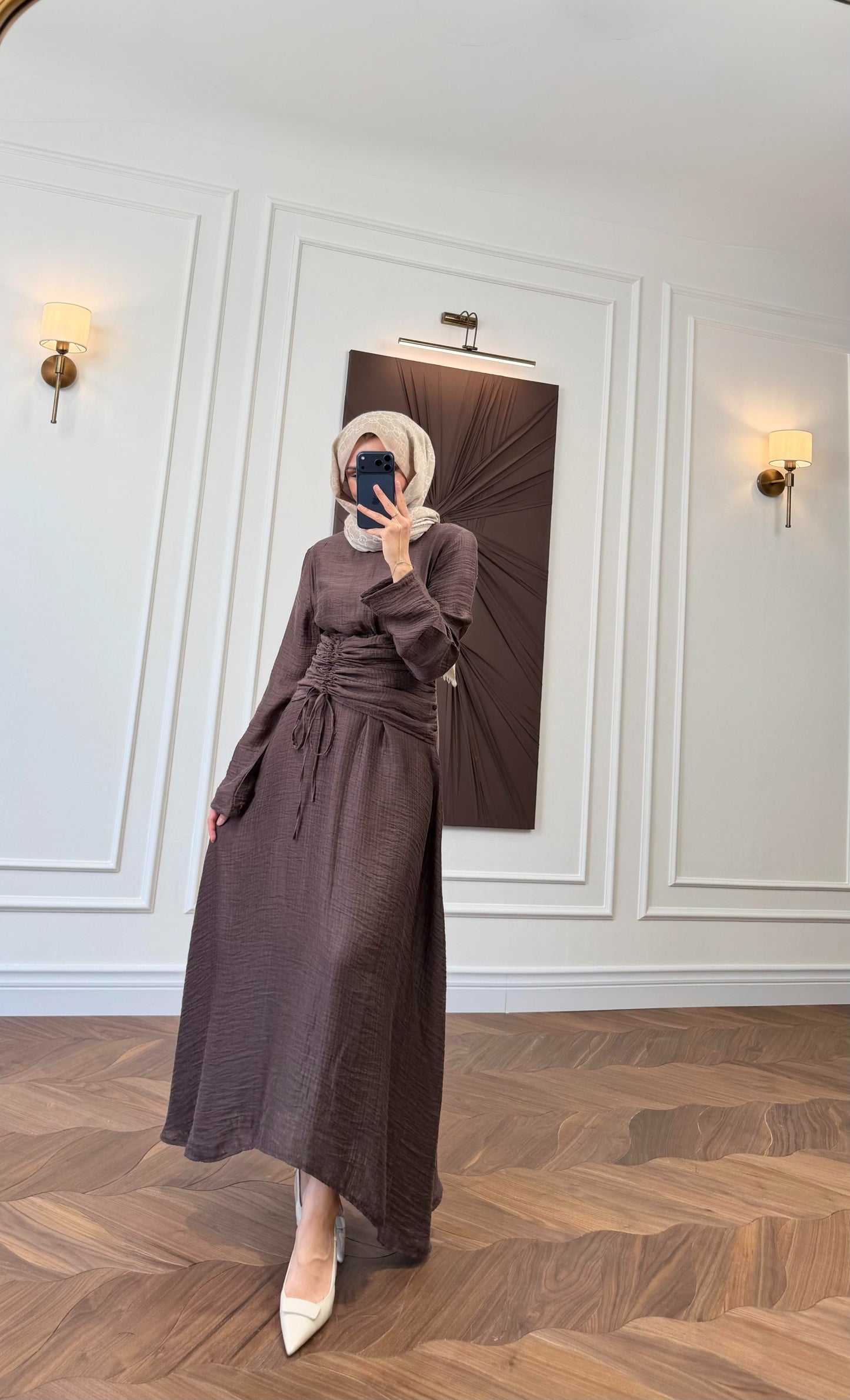 Brown Ruched Drawstring Waist Maxi Dress with Flared Sleeves