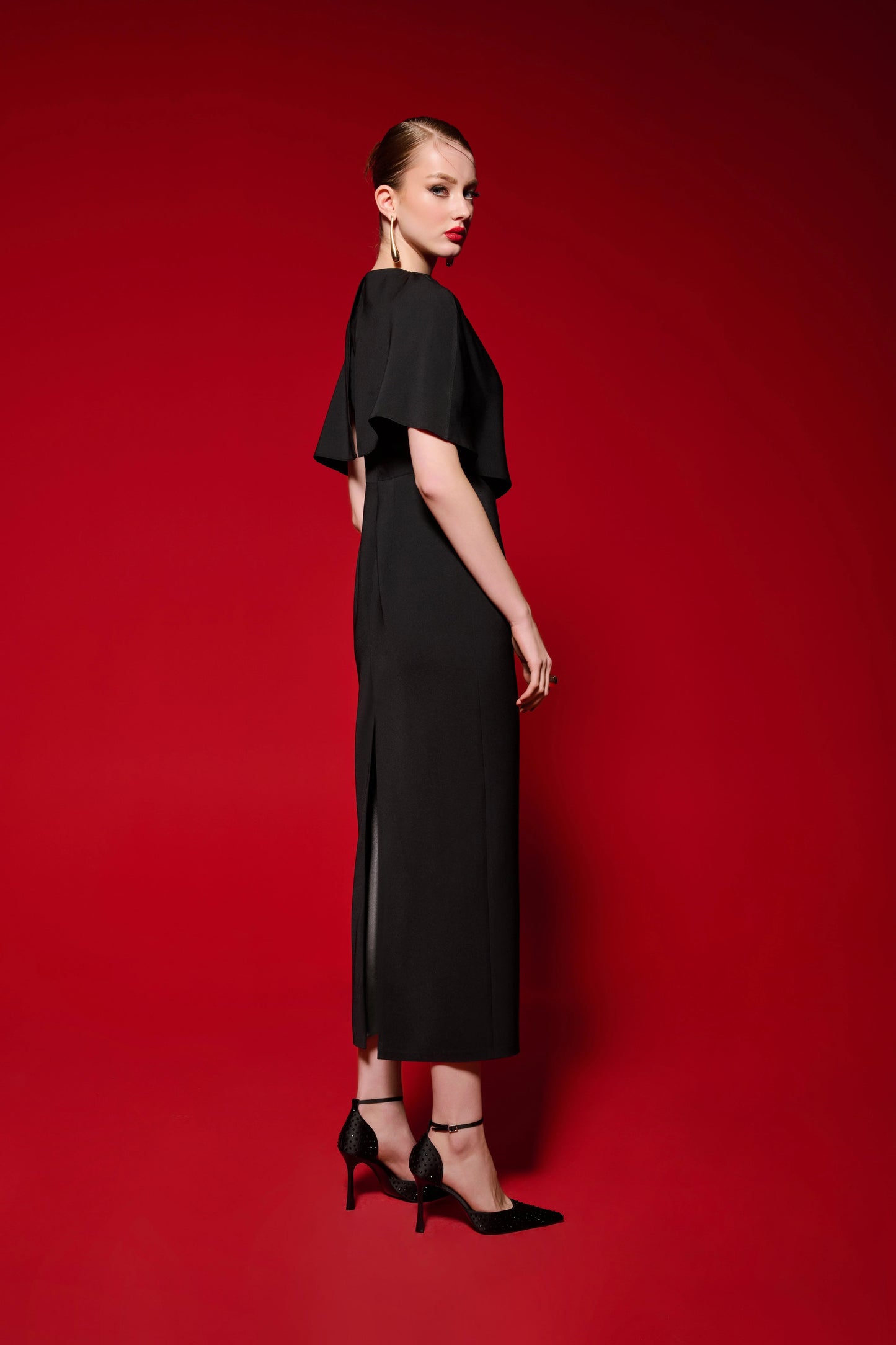 Flap-Detail Midi Dress – Black