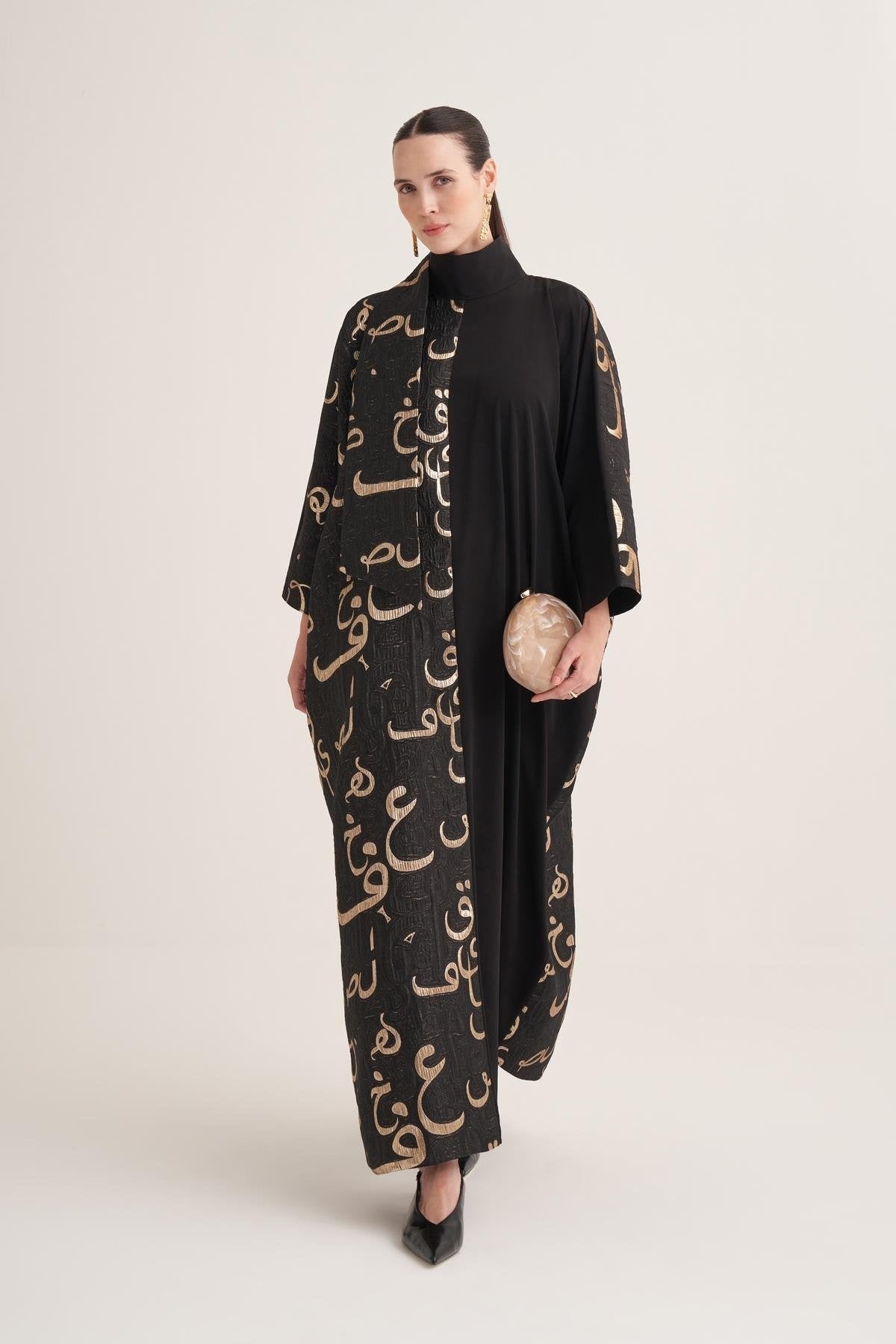 Black & Gold Arabic Calligraphy Kaftan with Batwing Sleeves
