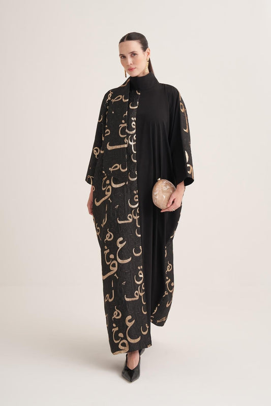 Black & Gold Arabic Calligraphy Kaftan with Batwing Sleeves