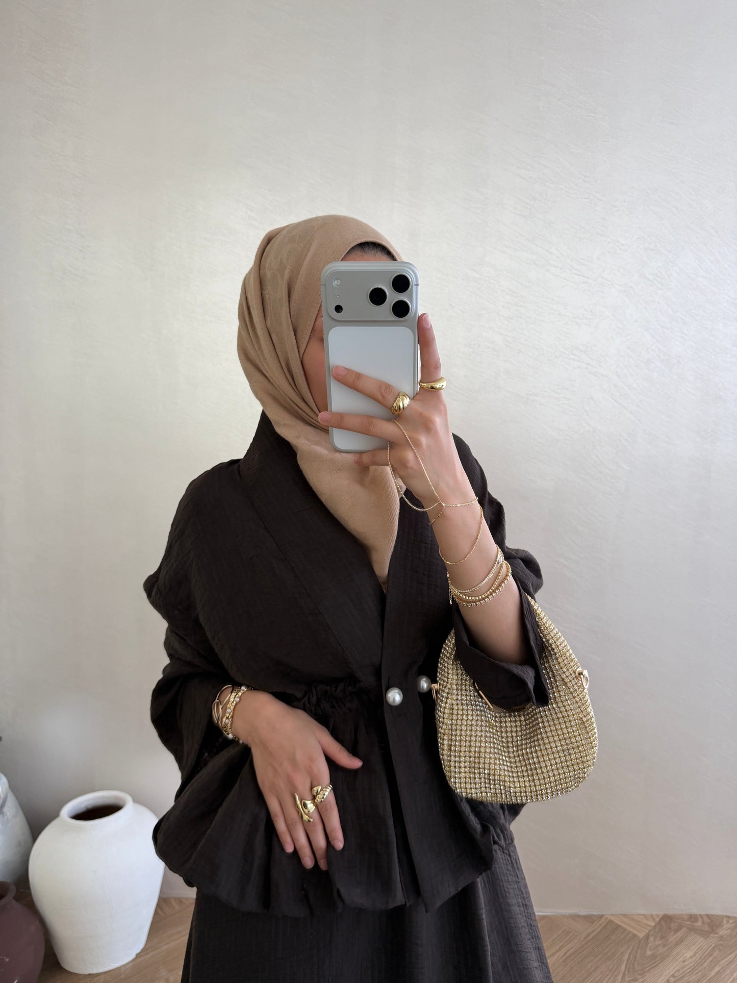 Brown Pearl-Button Vual Co-ord Set — Modest Blouse & Maxi Skirt