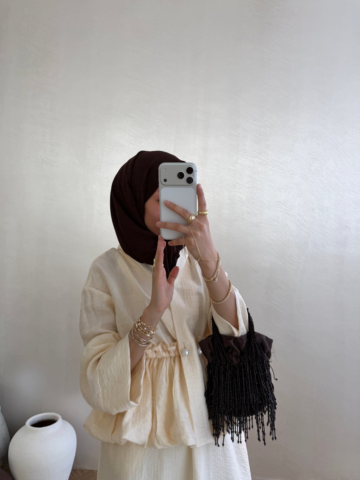 Cantaloupe Pearl-Button Vual Co-ord Set — Modest Blouse & Maxi Skirt