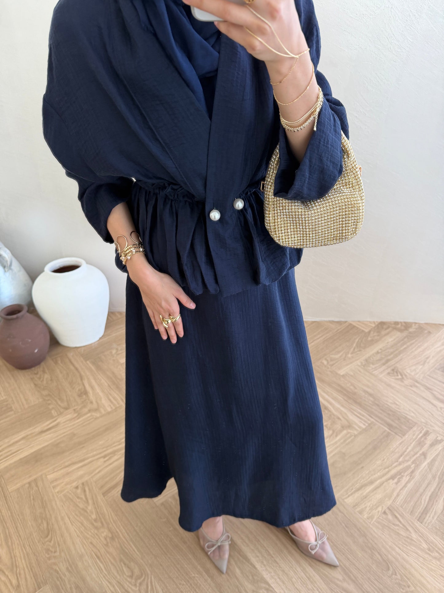 Navy Blue Pearl-Button Vual Co-ord Set — Modest Blouse & Maxi Skirt