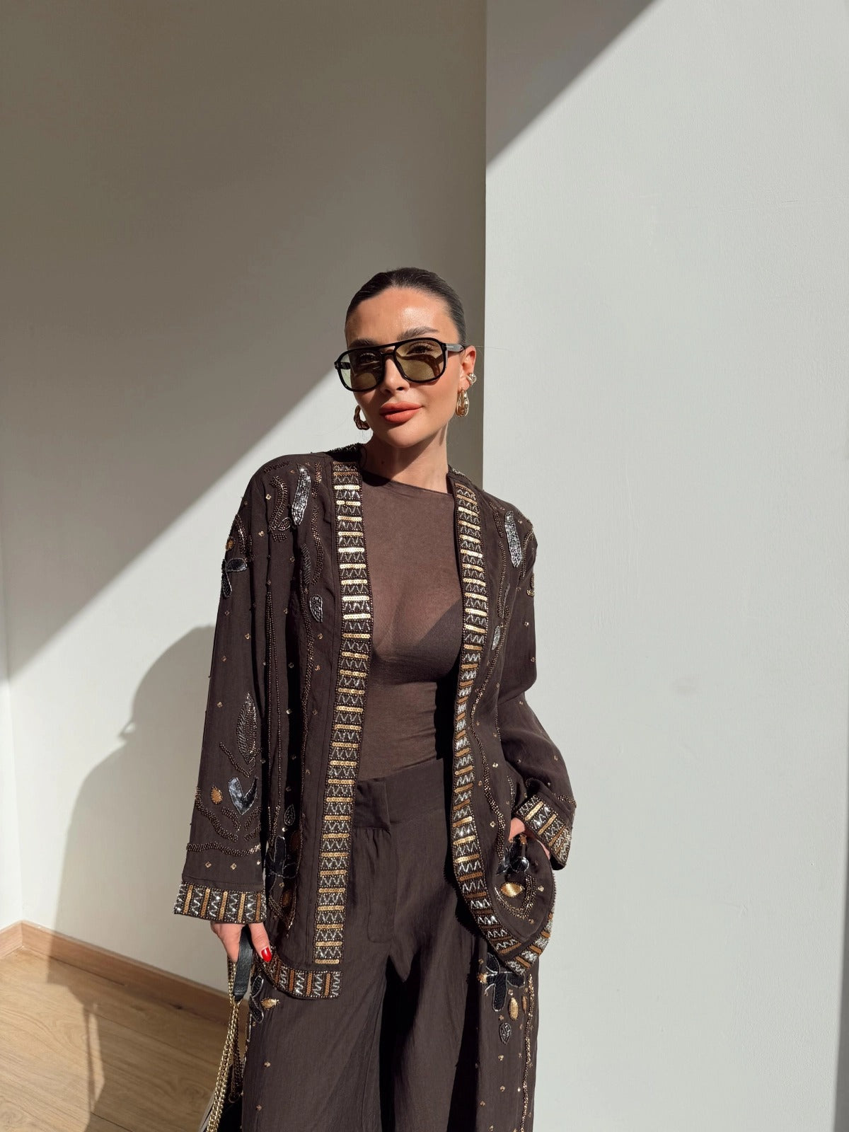 Limited Collection Embroidered Kimono & Pants Two-Piece Set – Brown