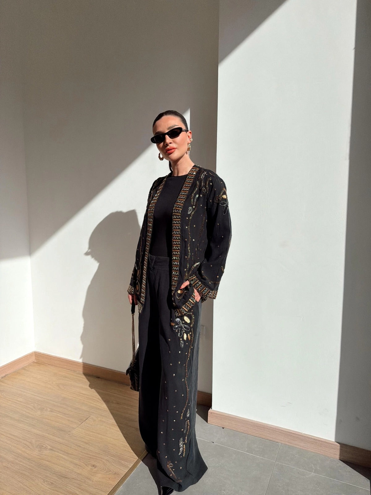 Limited Collection Embroidered Kimono & Pants Two-Piece Set – Black