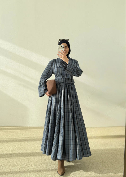 Navy Blue Tartan Ribbon Neck Two-Piece Set