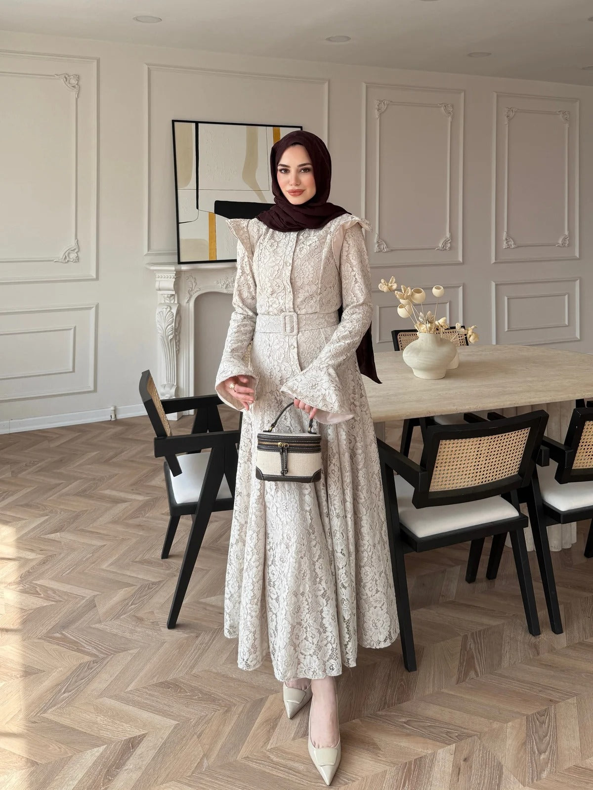 Lace Detailed Belted Maxi Dress - Beige