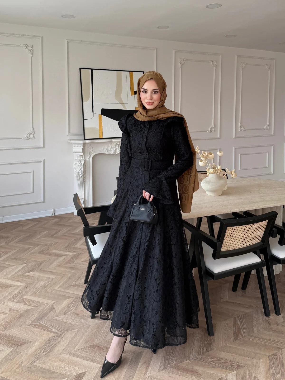 Lace Detailed Belted Maxi Dress - Black