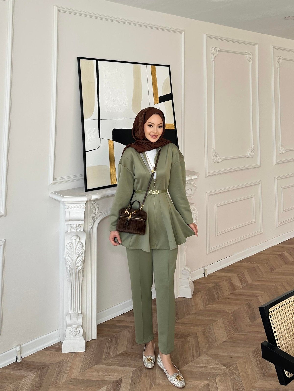 Premium Scuba Fabric Two-Piece Set -Khaki