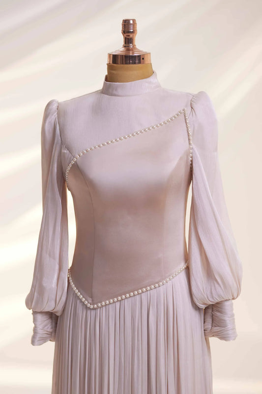 Powder Pink Organza Pearl Detail Modest Evening Dress
