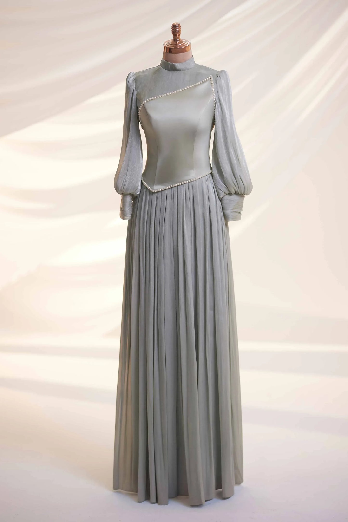 Gray Organza Pearl Detail Modest Evening Dress
