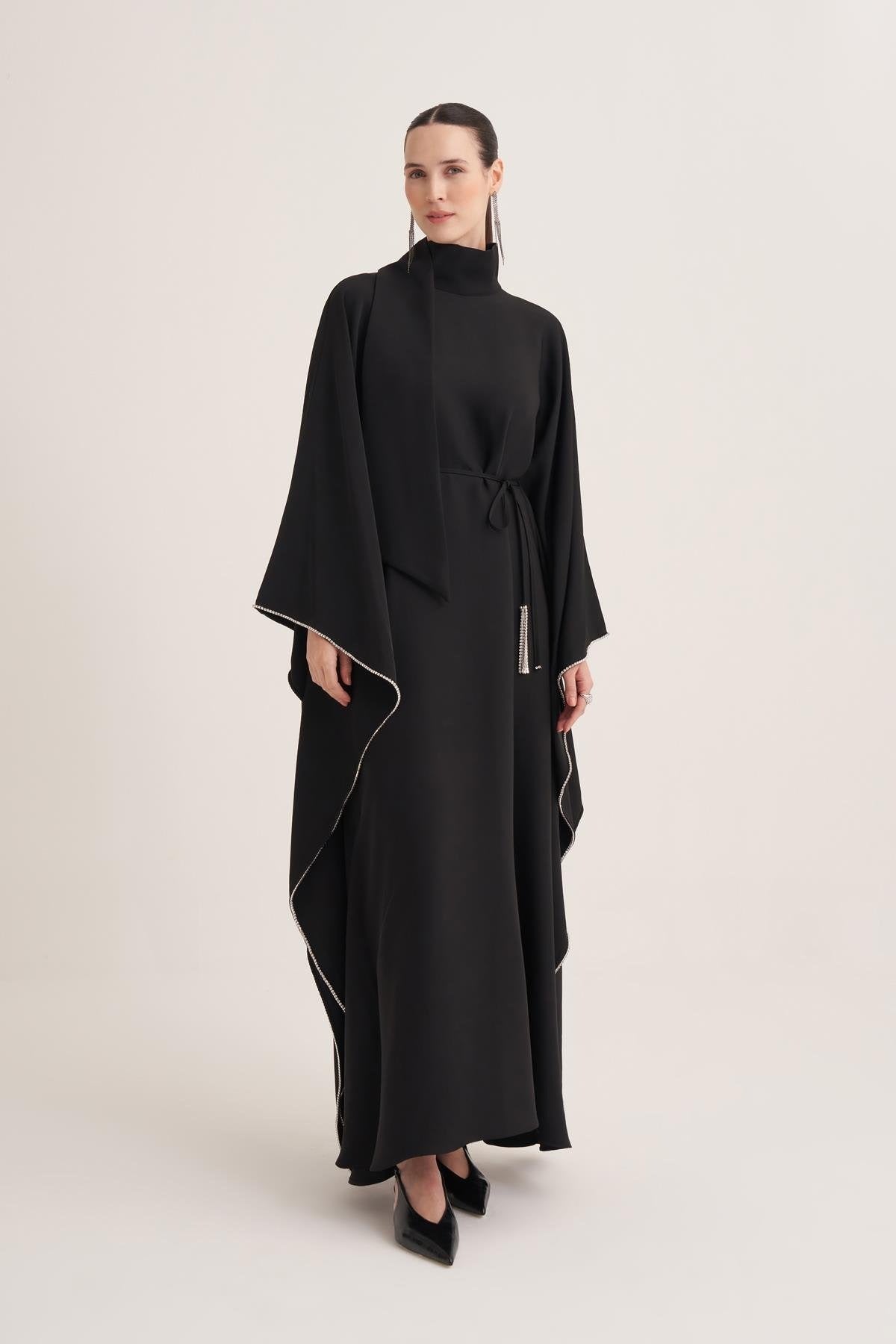 Black Cape Sleeve Kaftan with Crystal Trim & Adjustable Belt