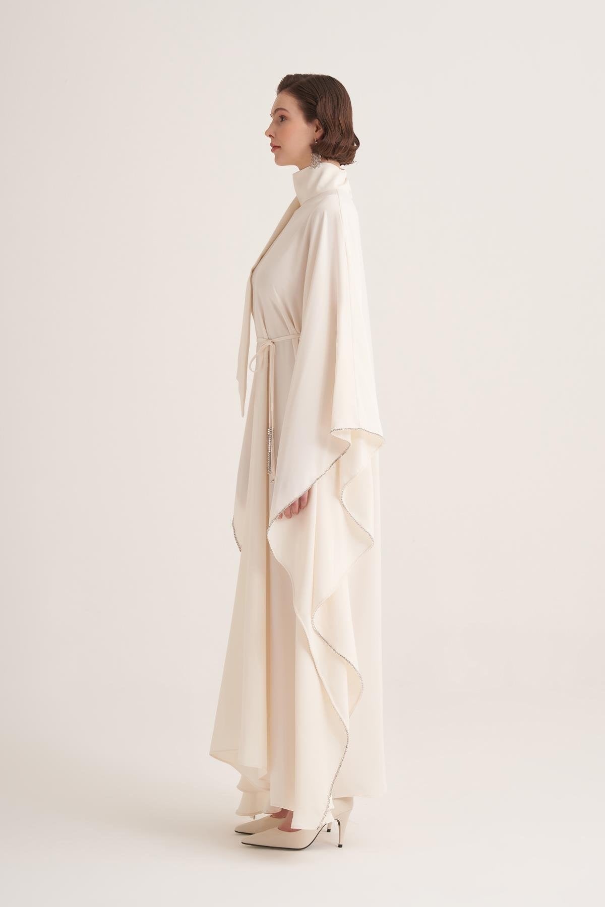 Cream Cape Sleeve Kaftan with Crystal Trim & Adjustable Belt