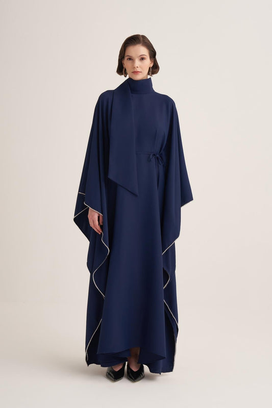Navy Blue Cape Sleeve Kaftan with Crystal Trim & Adjustable Belt