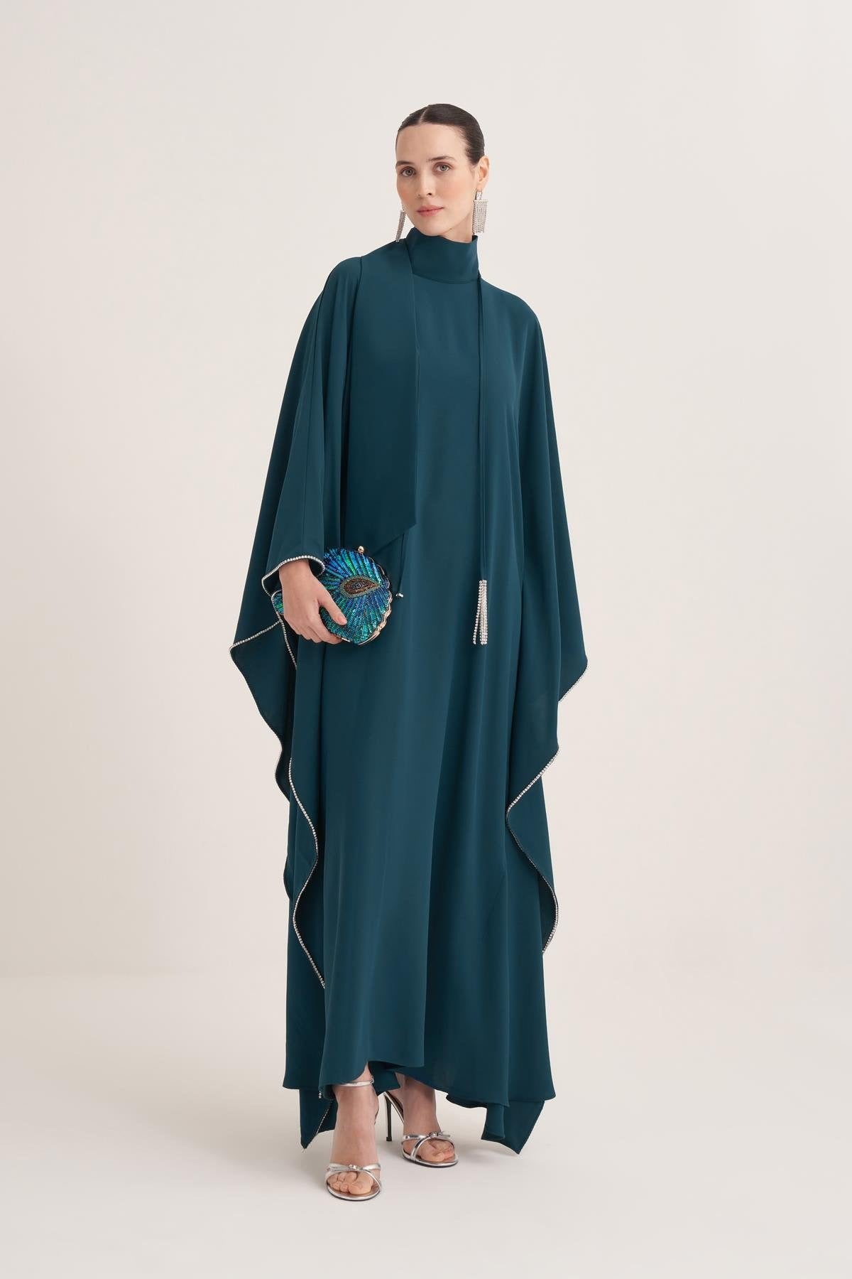 Patrol Blue Cape Sleeve Kaftan with Crystal Trim & Adjustable Belt