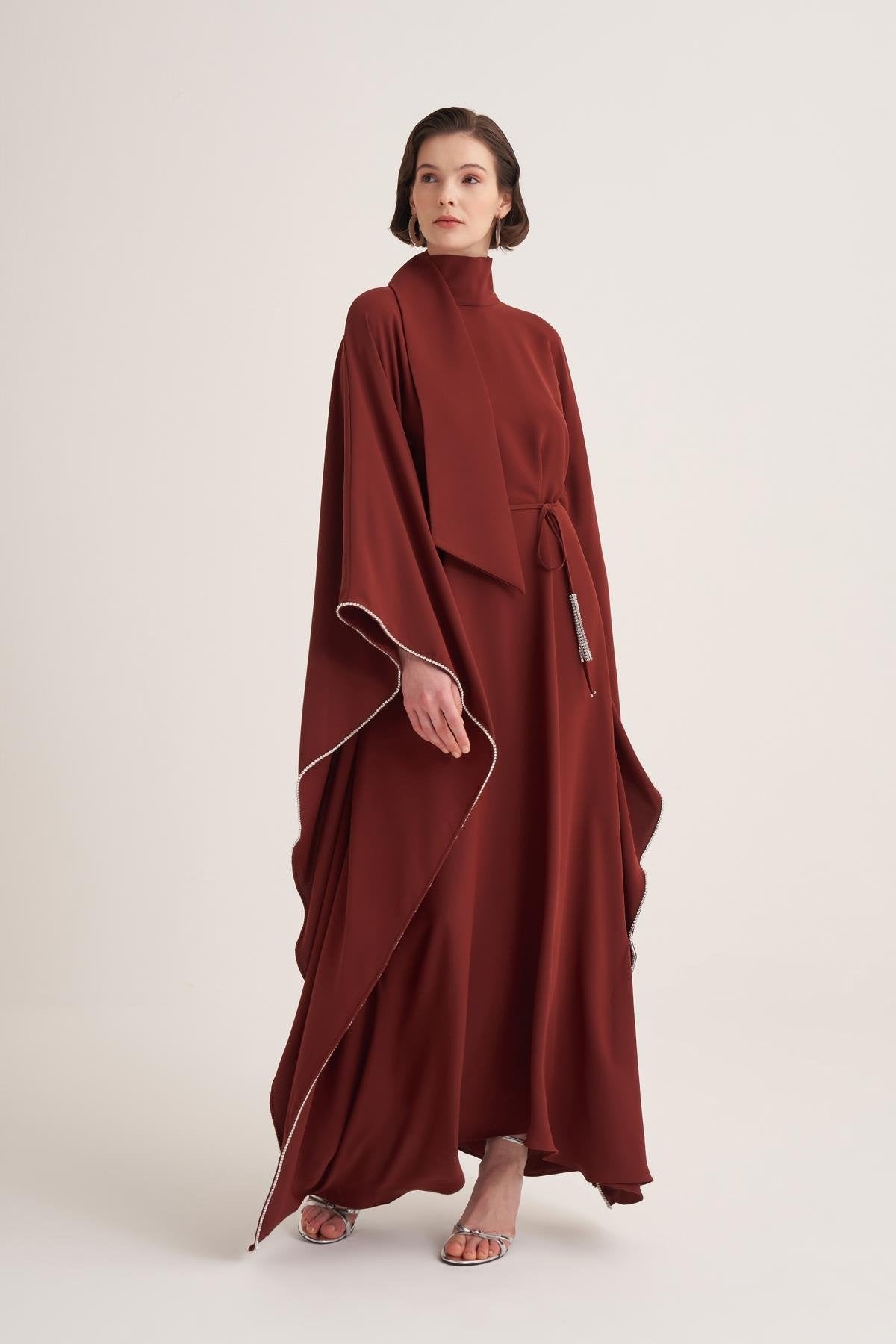 Terracota Cape Sleeve Kaftan with Crystal Trim & Adjustable Belt