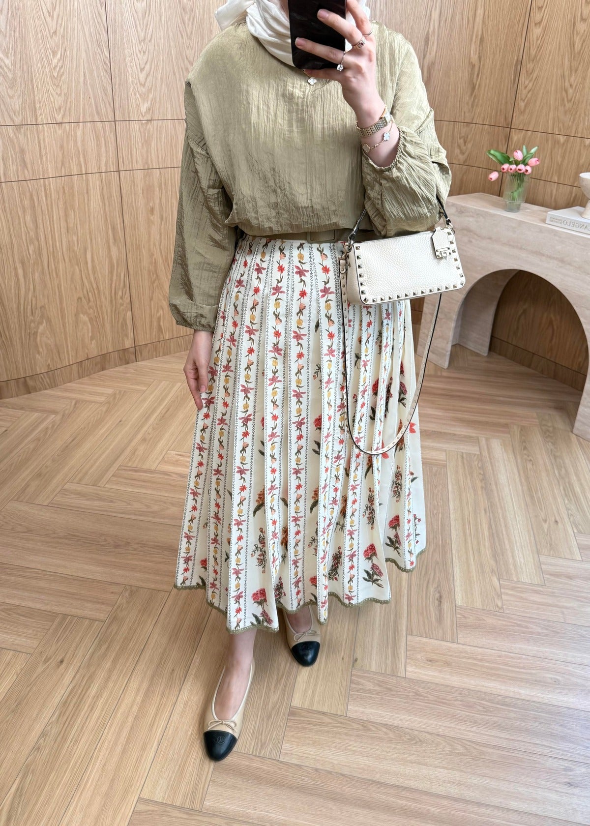 Lily Co-ord Set — Beige Textured Blouse & Floral Pleated Midi Skirt