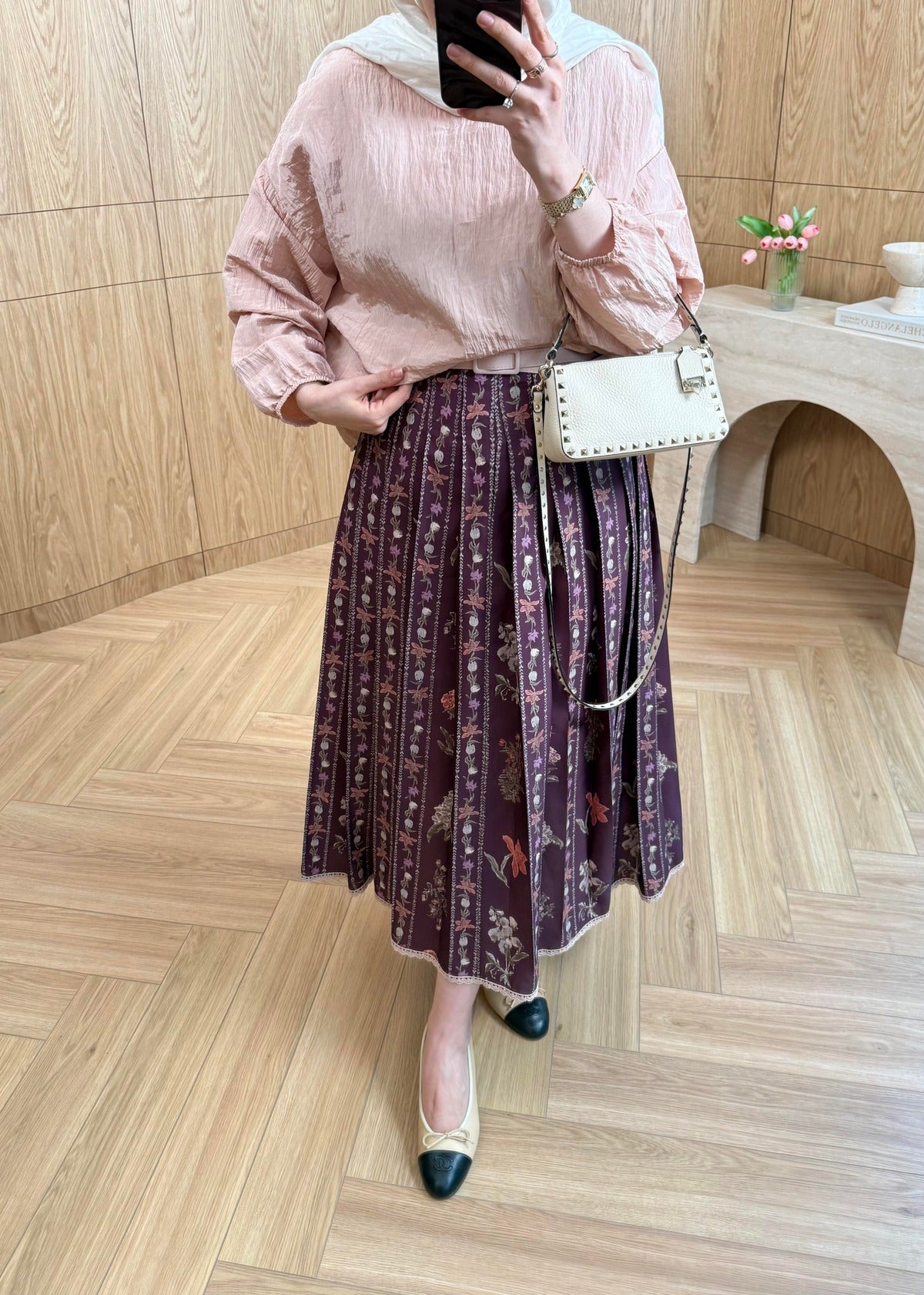 Lily Co-ord Set — Burgundy Textured Blouse & Floral Pleated Midi Skirt