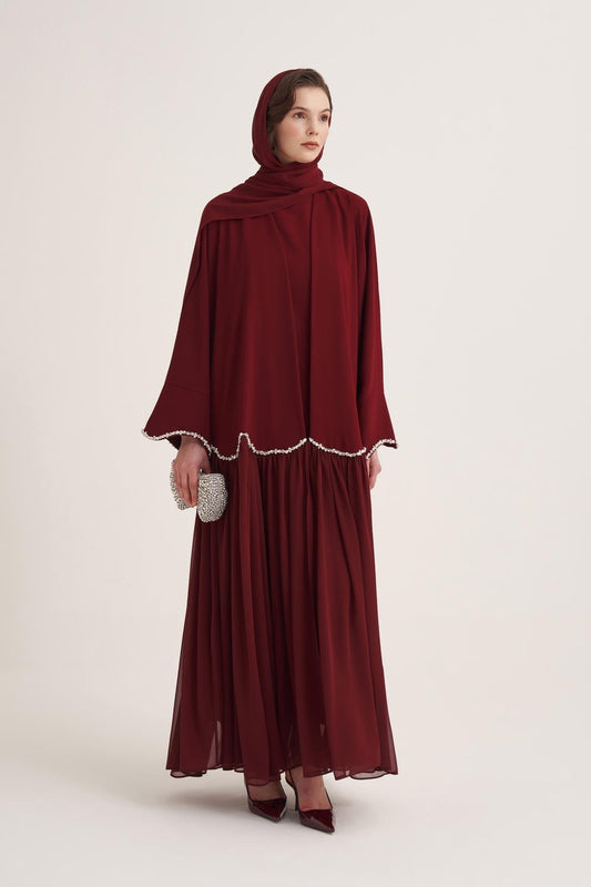 Lina Crystal Embellished Abaya with Matching Scarf - Burgundy