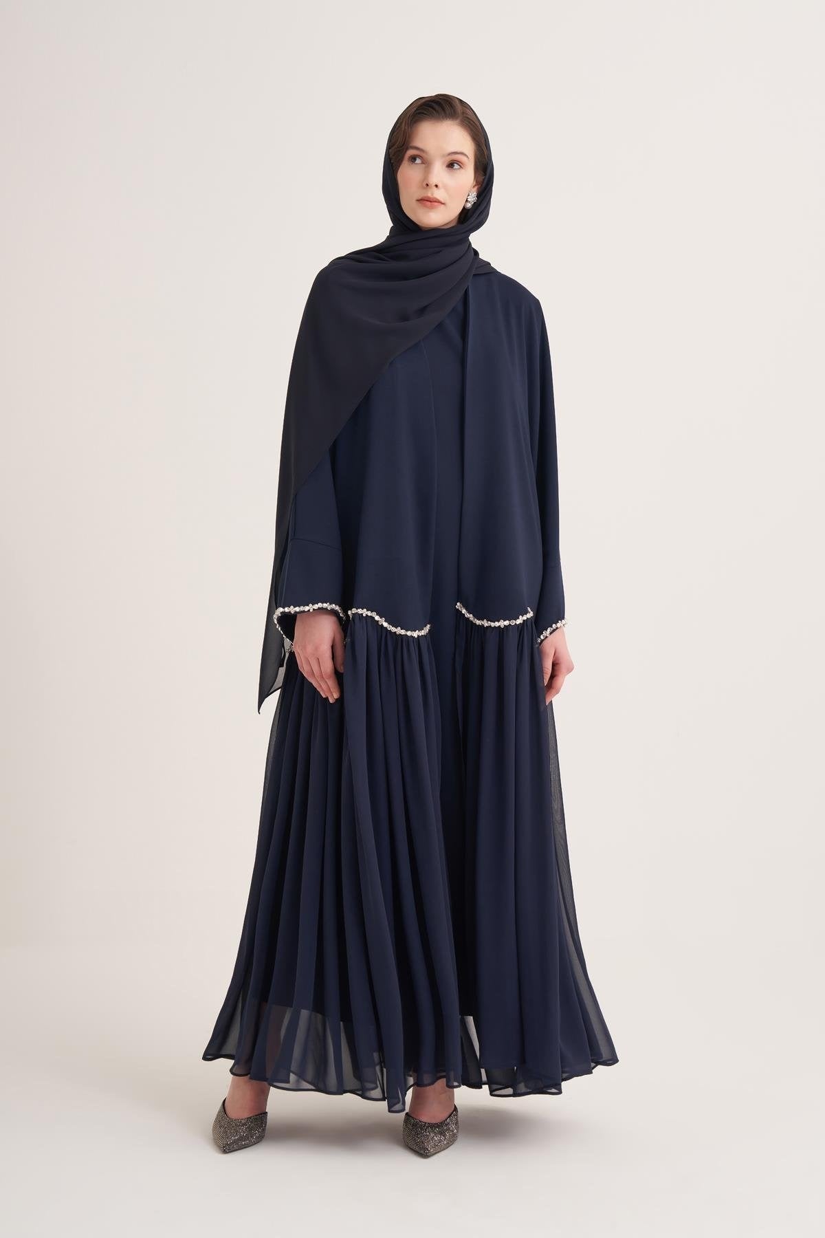 Lina Crystal Embellished Abaya with Matching Scarf - Navy Blue