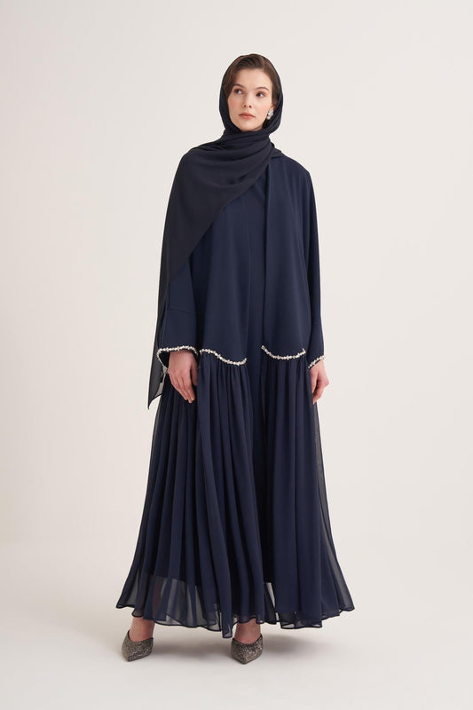 Lina Crystal Embellished Abaya with Matching Scarf - Navy Blue