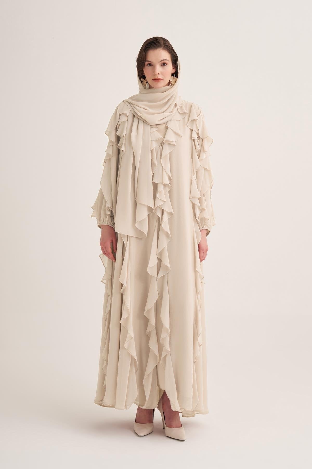 Chiffon Ruffle Open Abaya with Matching Scarf in Beige