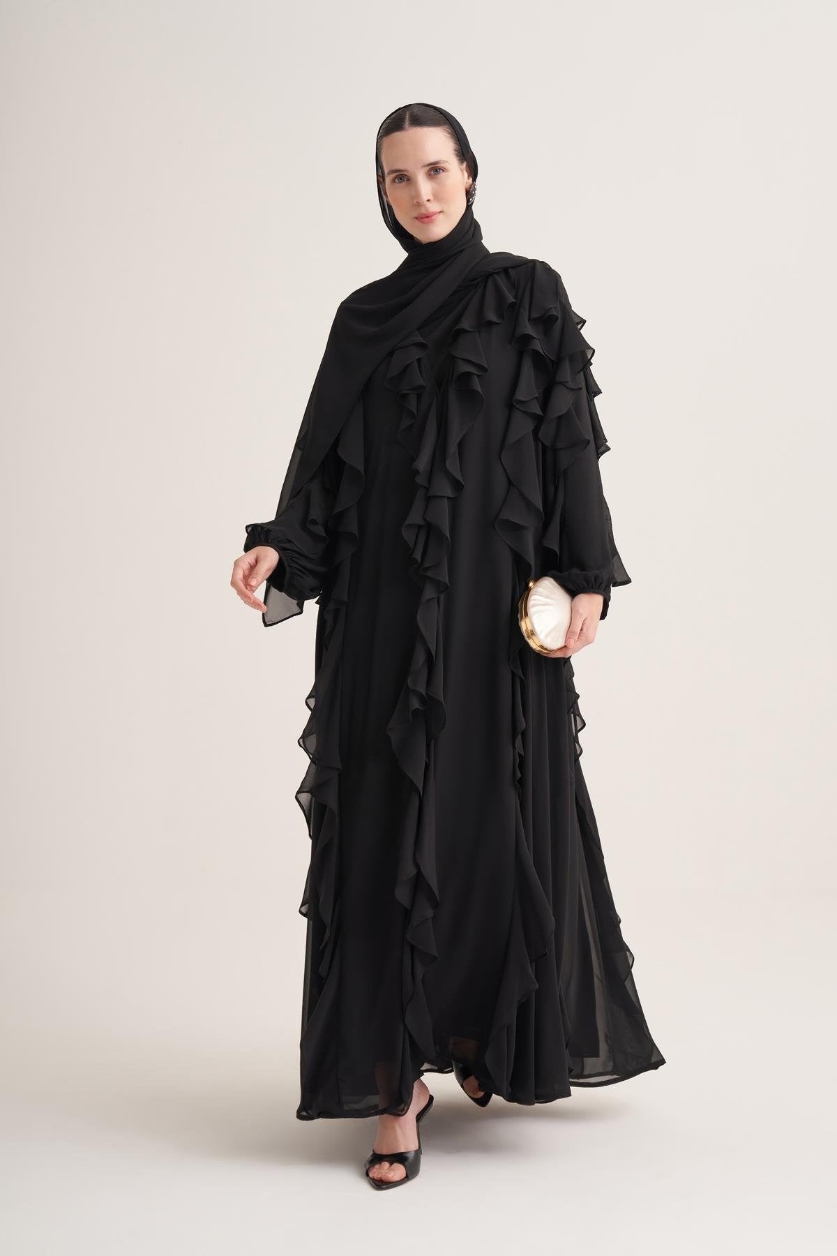 Chiffon Ruffle Open Abaya with Matching Scarf in Black