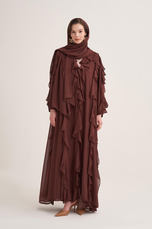Chiffon Ruffle Open Abaya with Matching Scarf in Brown